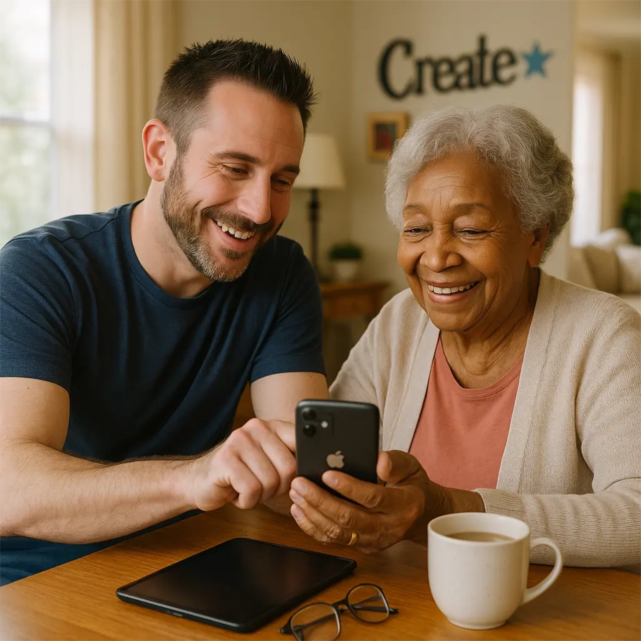 Matt helping a senior woman with her phone