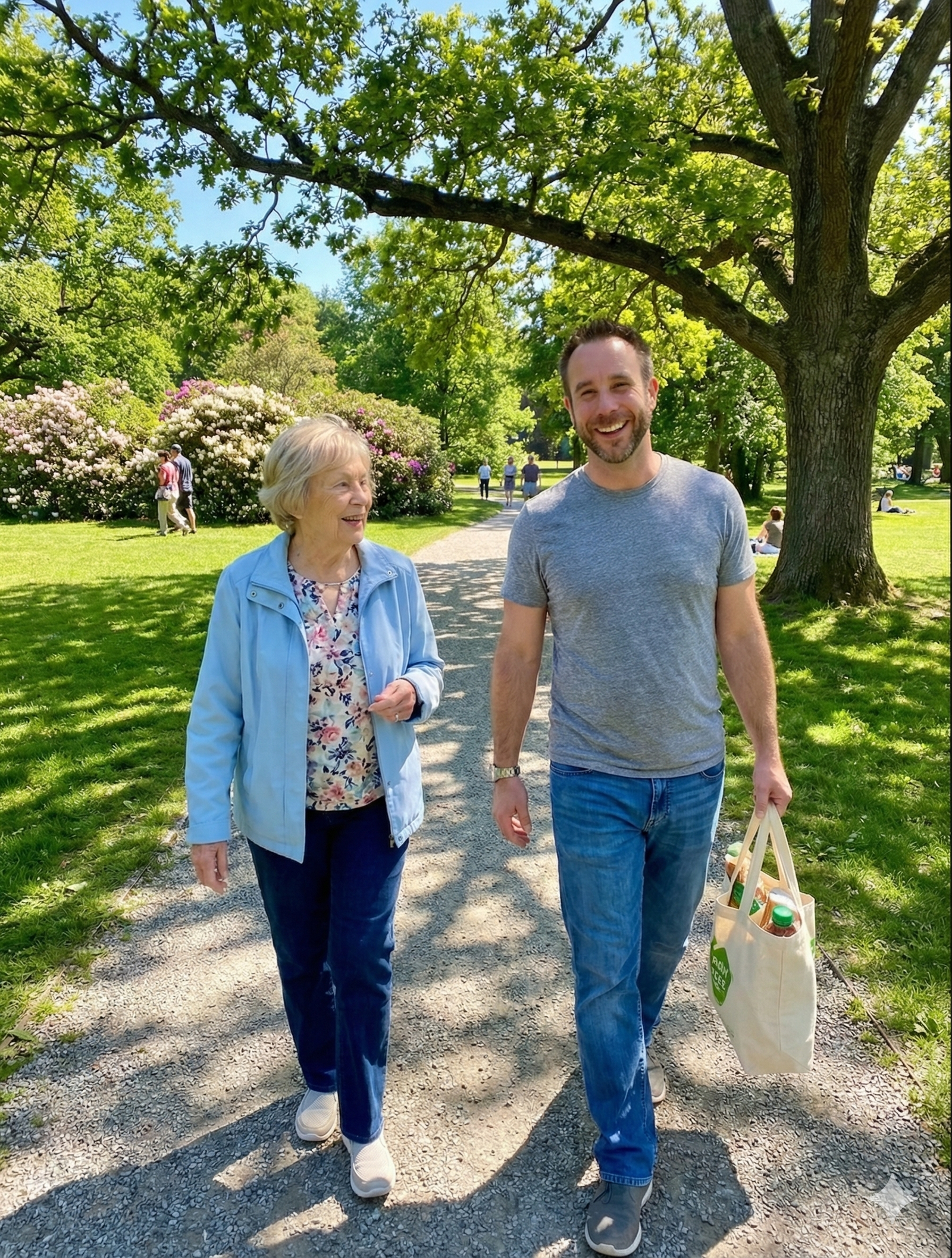 Matt and senior client out for walk in park carrying grocery bags