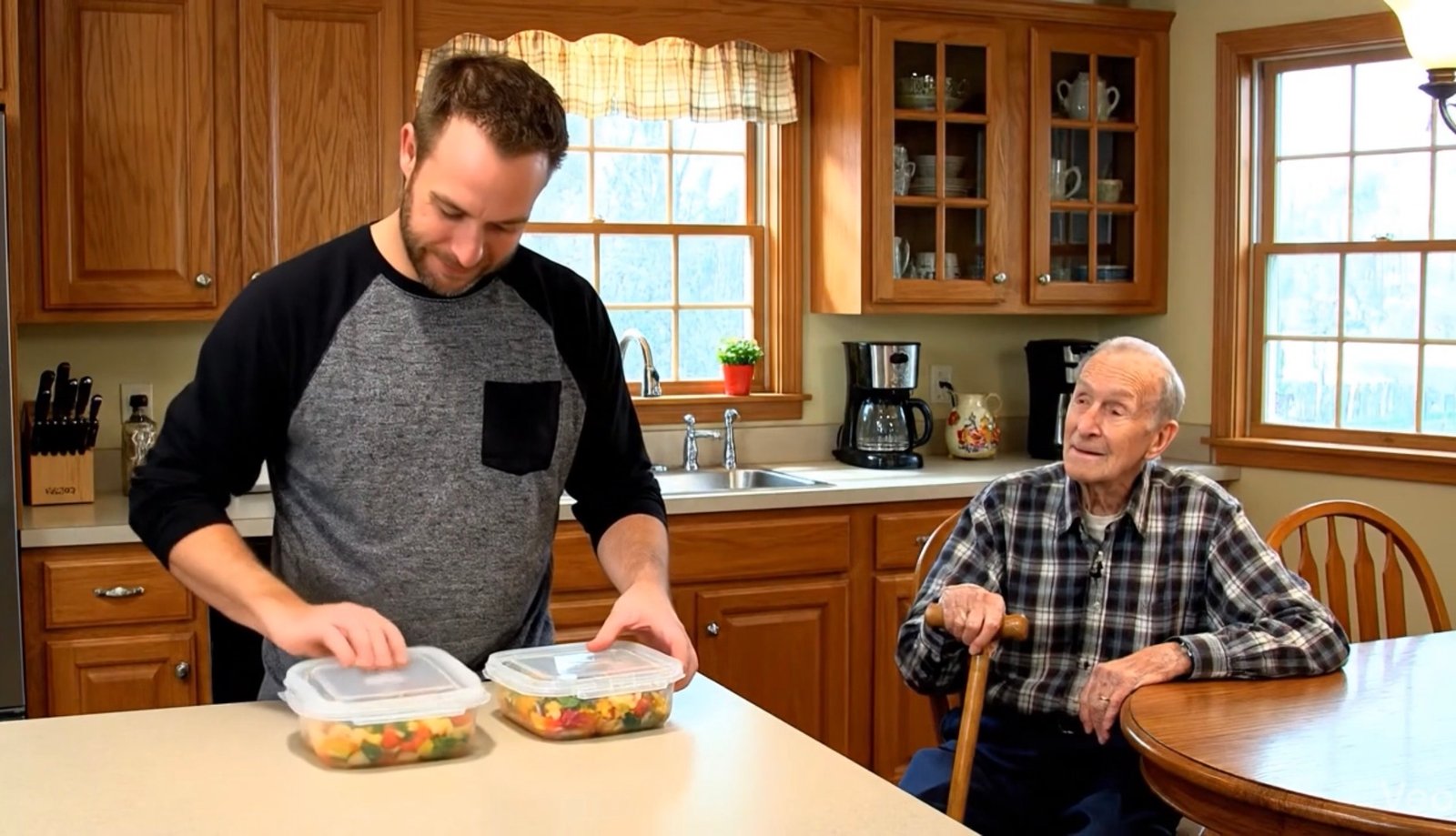 Matt meal prepping and conversing with a senior citizen client